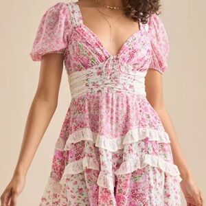 For Love & Lemons Pink Floral Ruffled Mini Dress